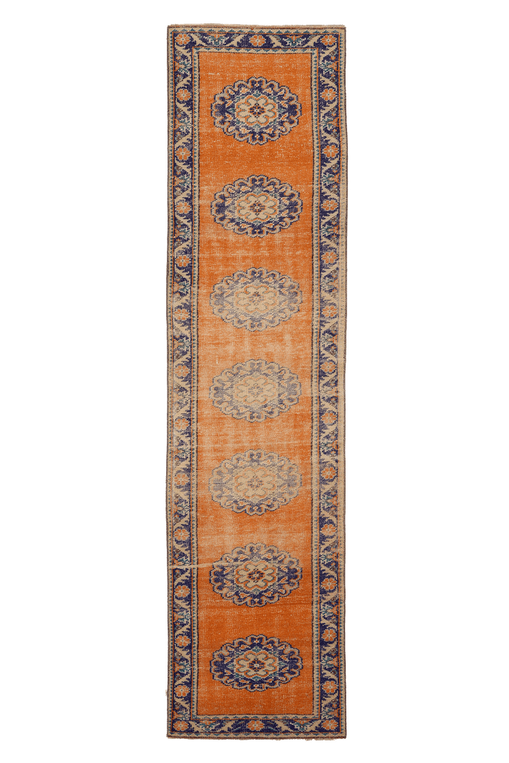 Vintage Manisa Turkish Runner Rug 2x10 ft — Orange & Blue Floral (No. 28026)