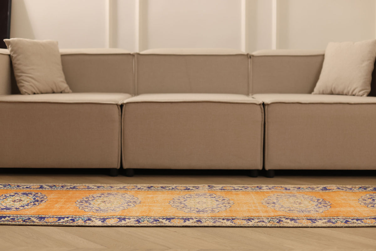 Vintage Manisa Turkish Runner Rug 2x10 ft — Orange & Blue Floral (No. 28026)