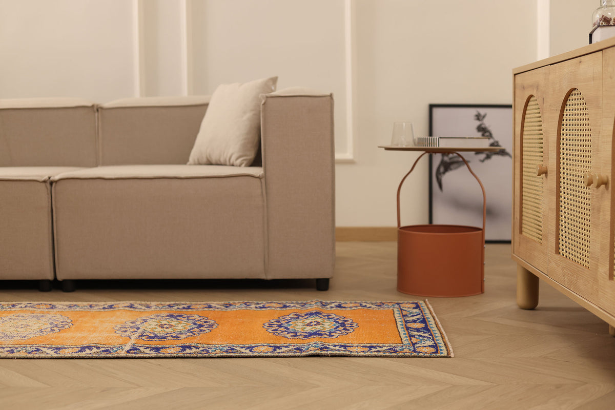 Vintage Manisa Turkish Runner Rug 2x10 ft — Orange & Blue Floral (No. 28026)