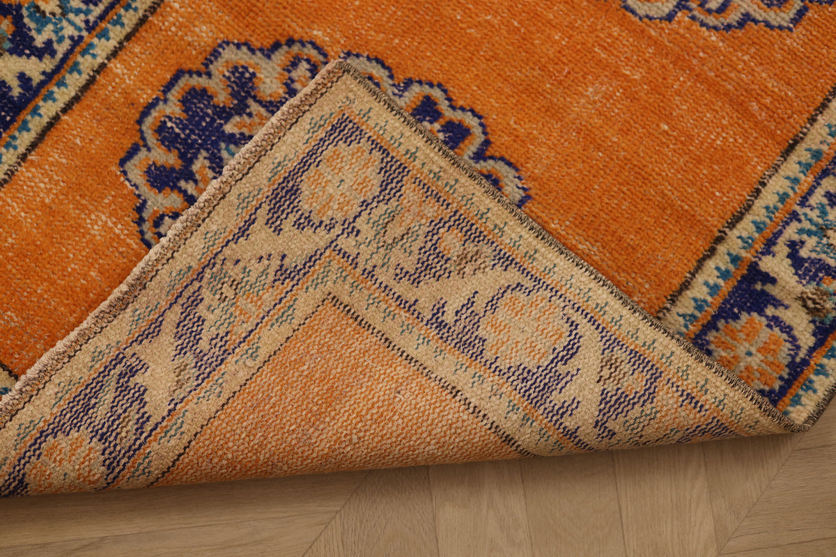 Vintage Manisa Turkish Runner Rug 2x10 ft — Orange & Blue Floral (No. 28026)