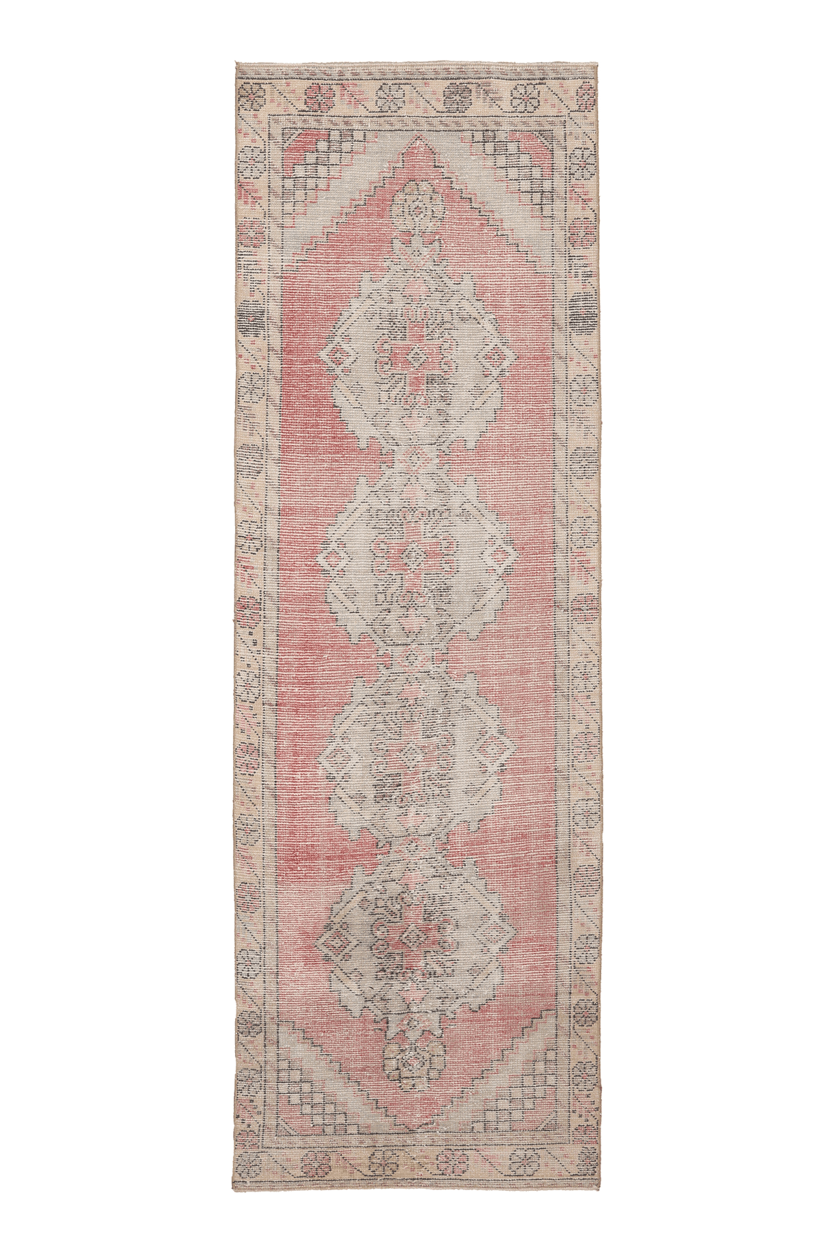 Vintage Niğde Turkish Runner Rug 3x9 ft — Pink & Beige Geometric