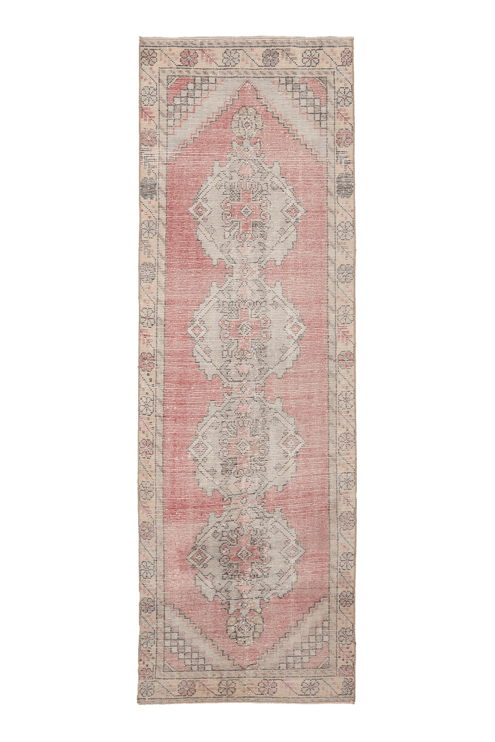 Vintage Niğde Turkish Runner Rug 3x9 ft — Pink & Beige Geometric