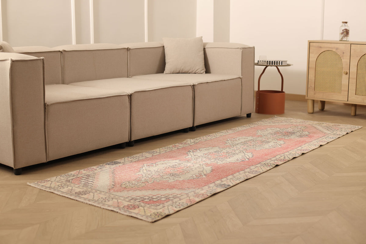 Vintage Niğde Turkish Runner Rug 3x9 ft — Pink & Beige Geometric
