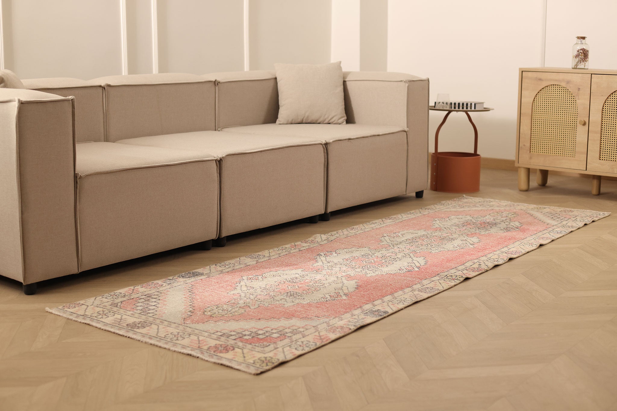 Vintage Niğde Turkish Runner Rug 3x9 ft — Pink & Beige Geometric