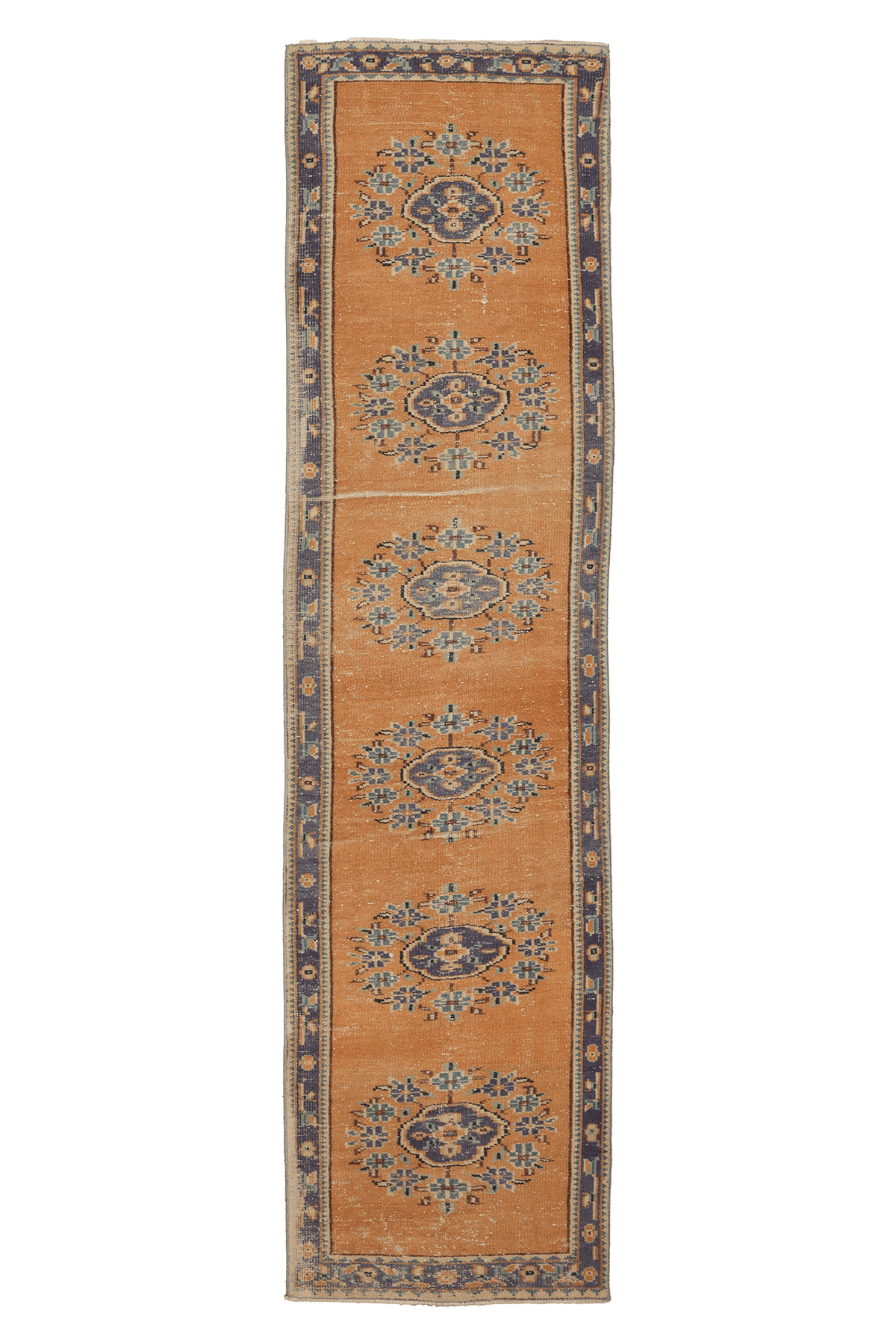 Vintage Manisa Turkish Runner Rug 2x10 ft — Orange & Blue Floral (No. 28028)