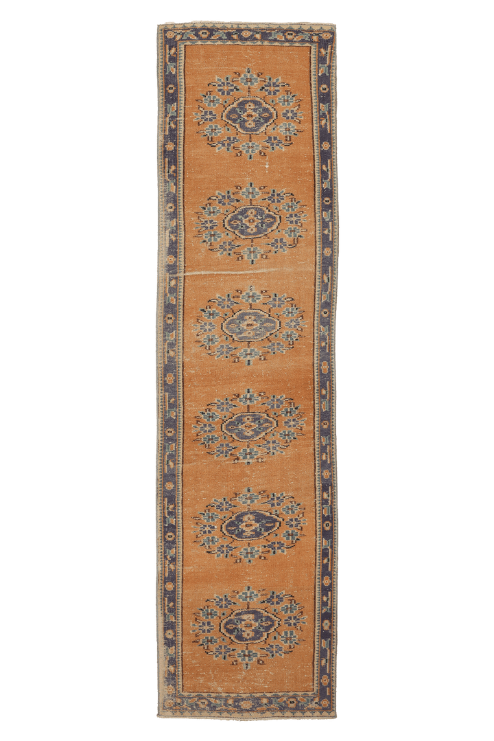Vintage Manisa Turkish Runner Rug 2x10 ft — Orange & Blue Floral (No. 28028)