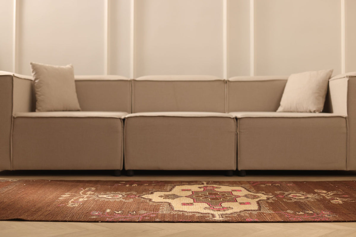 Vintage Van Turkish Runner Rug 4x11 ft — Brown & Beige Floral
