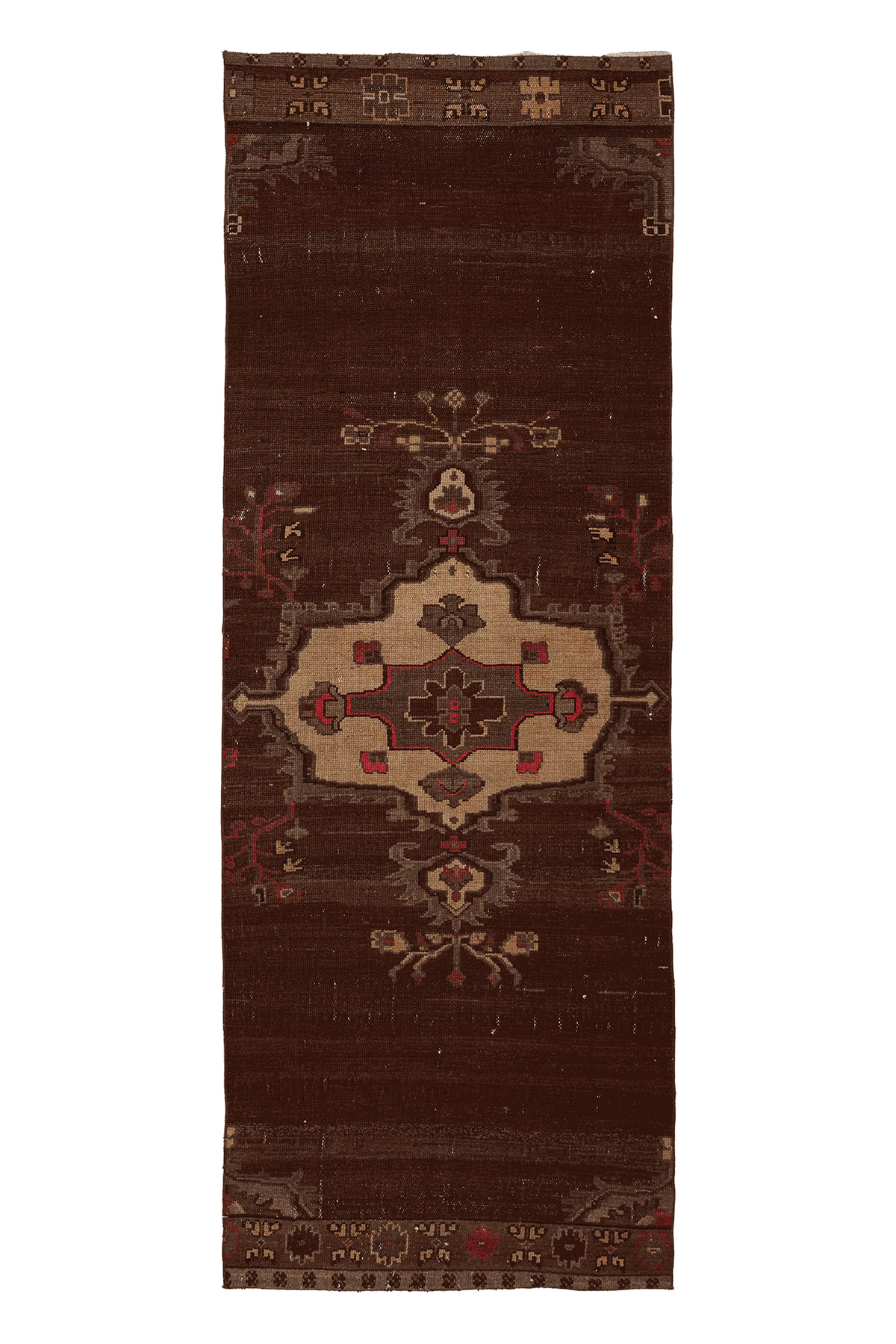 Vintage Van Turkish Runner Rug 4x11 ft — Brown & Beige Floral