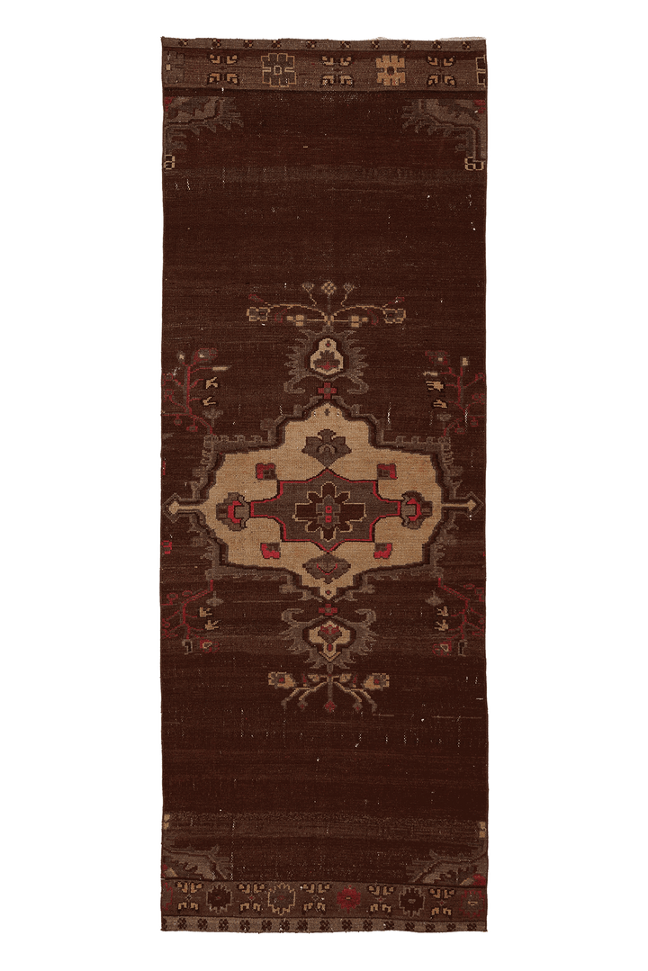 Vintage Van Turkish Runner Rug 4x11 ft — Brown & Beige Floral