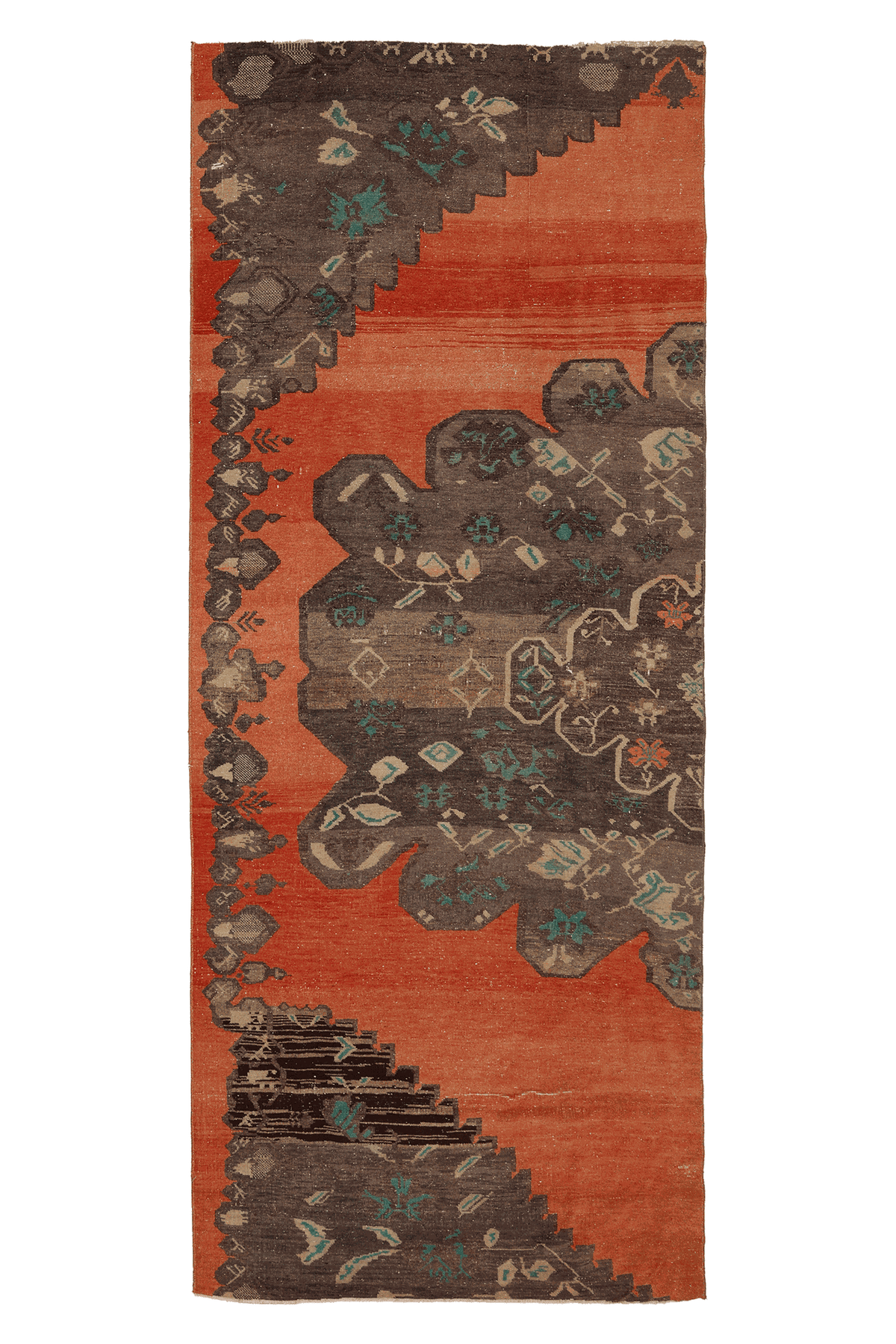 Vintage Konya Turkish Runner Rug 4x10 ft — Orange & Brown Floral