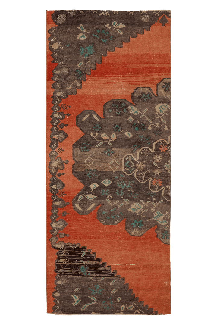 Vintage Konya Turkish Runner Rug 4x10 ft — Orange & Brown Floral