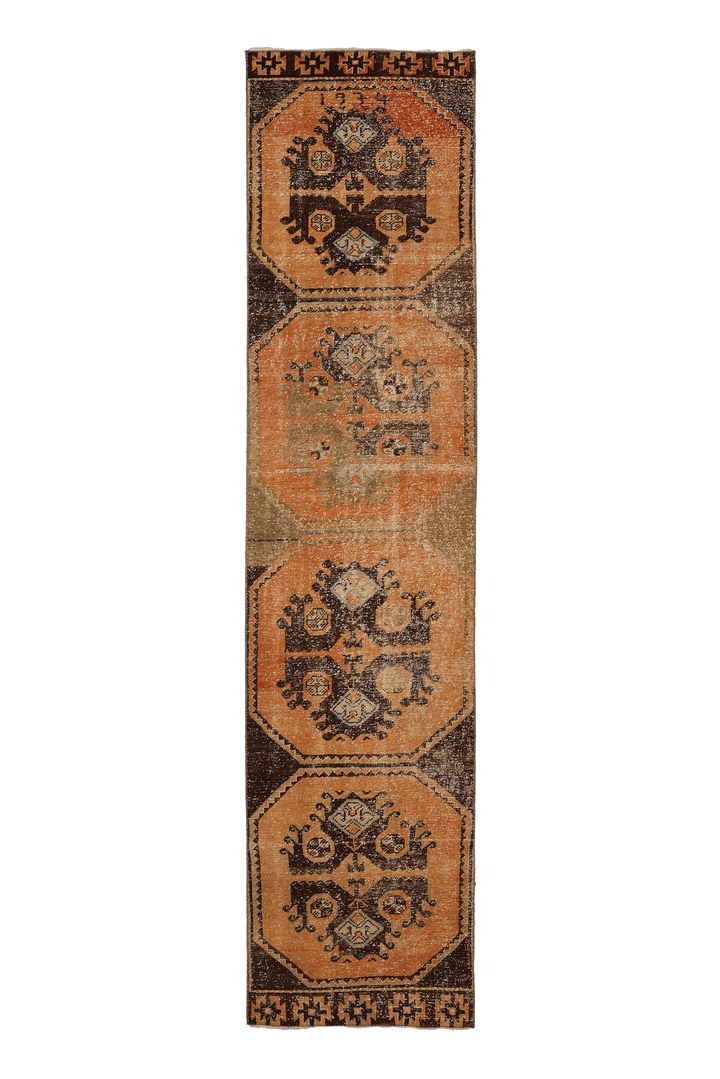 Vintage Malatya Turkish Runner Rug 2x10 ft — Orange & Brown Geometric (No. 28105)