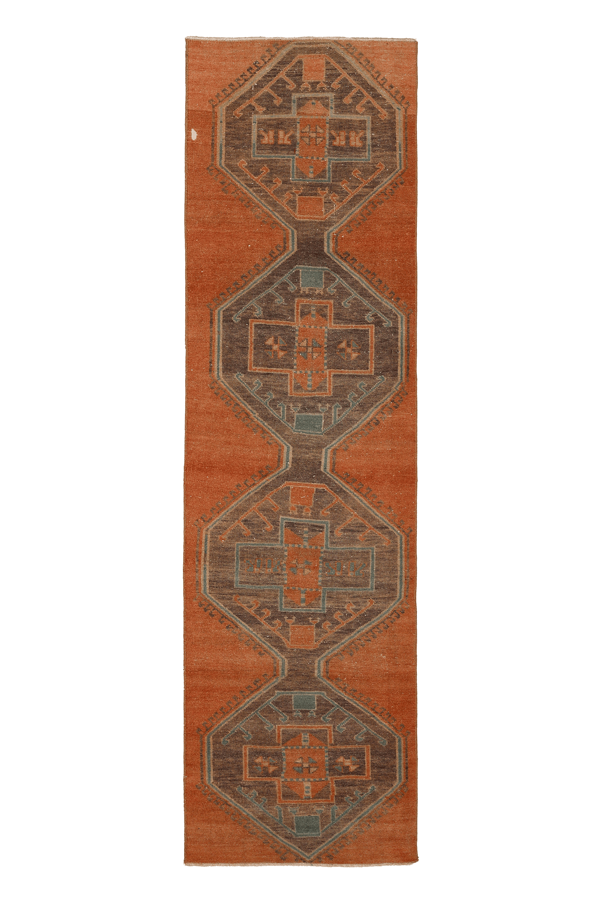 Vintage Malatya Turkish Runner Rug 2x8 ft — Orange & Brown Geometric
