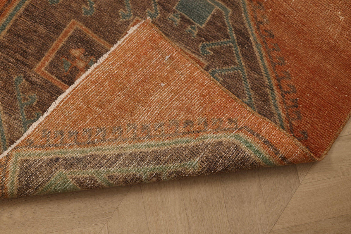 Vintage Malatya Turkish Runner Rug 2x8 ft — Orange & Brown Geometric