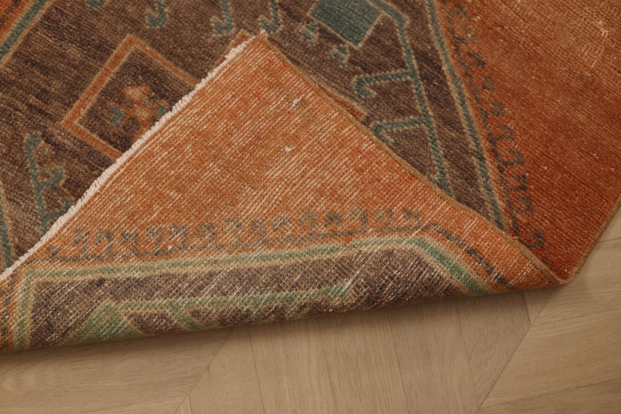 Vintage Malatya Turkish Runner Rug 2x8 ft — Orange & Brown Geometric