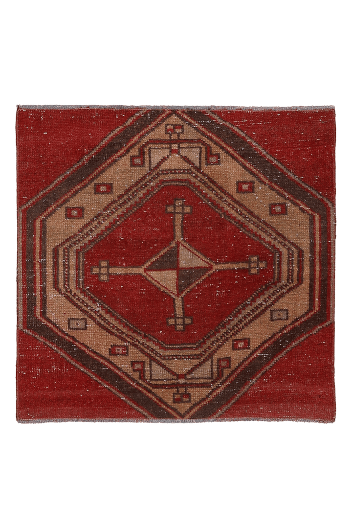 Vintage Malatya Turkish Runner Rug 2x2 ft — Red & Brown Geometric