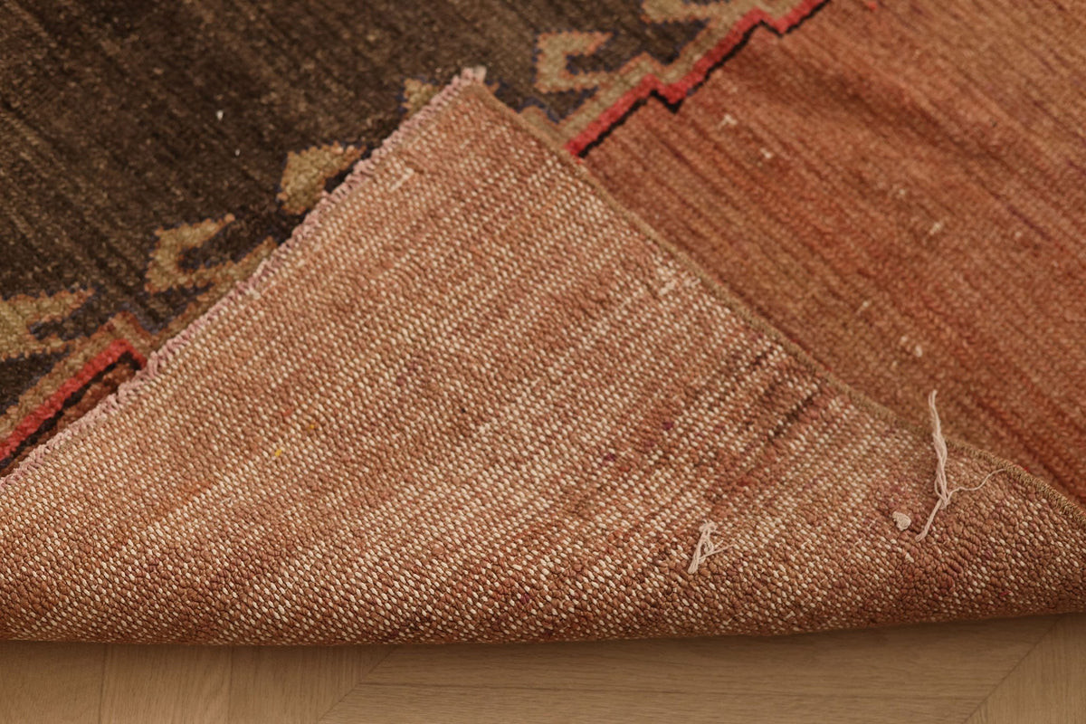 Vintage Malatya Turkish Area Rug 5x6 ft — Brown & Red Geometric