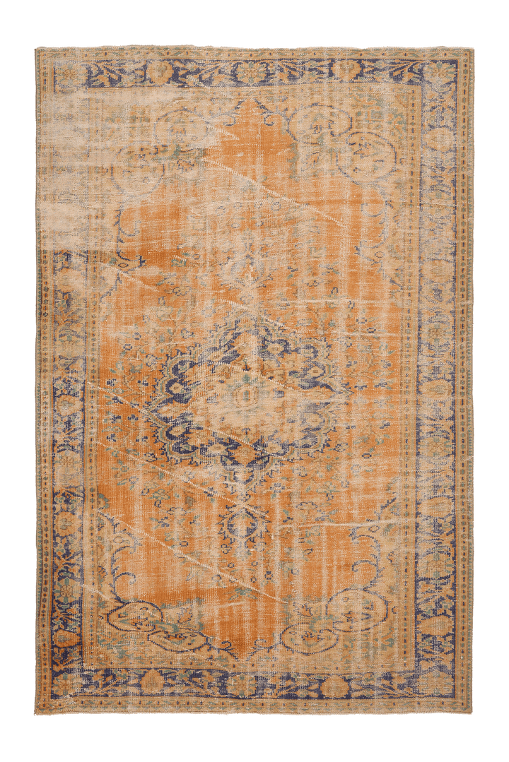 Vintage Manisa Turkish Area Rug 6x9 ft — Orange & Blue Distressed (No. 28352)