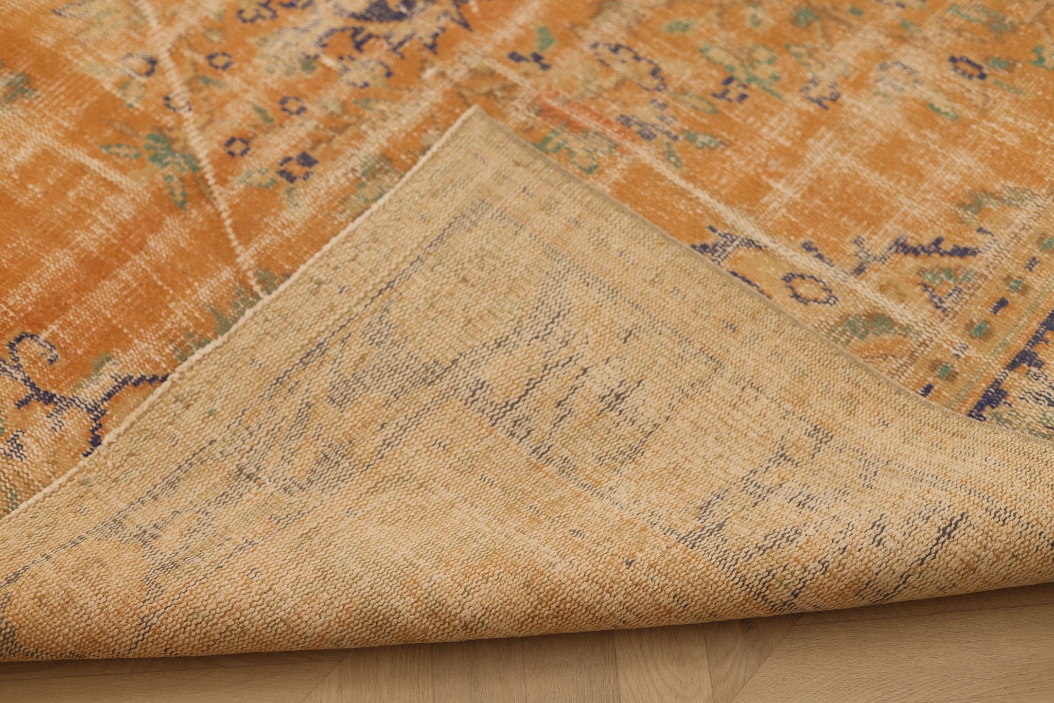 Vintage Manisa Turkish Area Rug 6x9 ft — Orange & Blue Distressed (No. 28352)