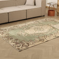 Vintage Isparta Turkish Area Rug 5x8 ft — Green & Beige Floral (No. 28600)