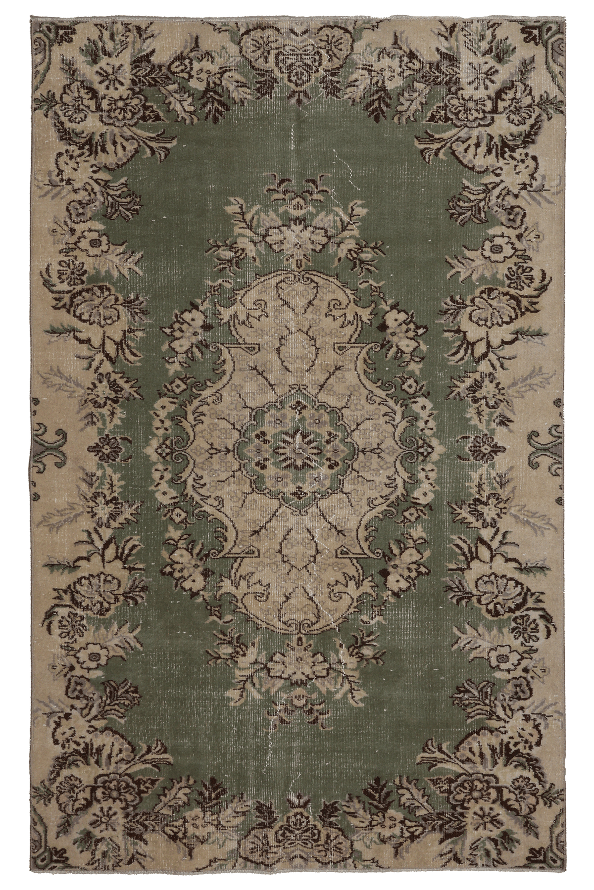 Vintage Isparta Turkish Area Rug 5x8 ft — Green & Beige Floral (No. 28600)