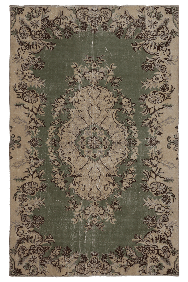 Vintage Isparta Turkish Area Rug 5x8 ft — Green & Beige Floral (No. 28600)