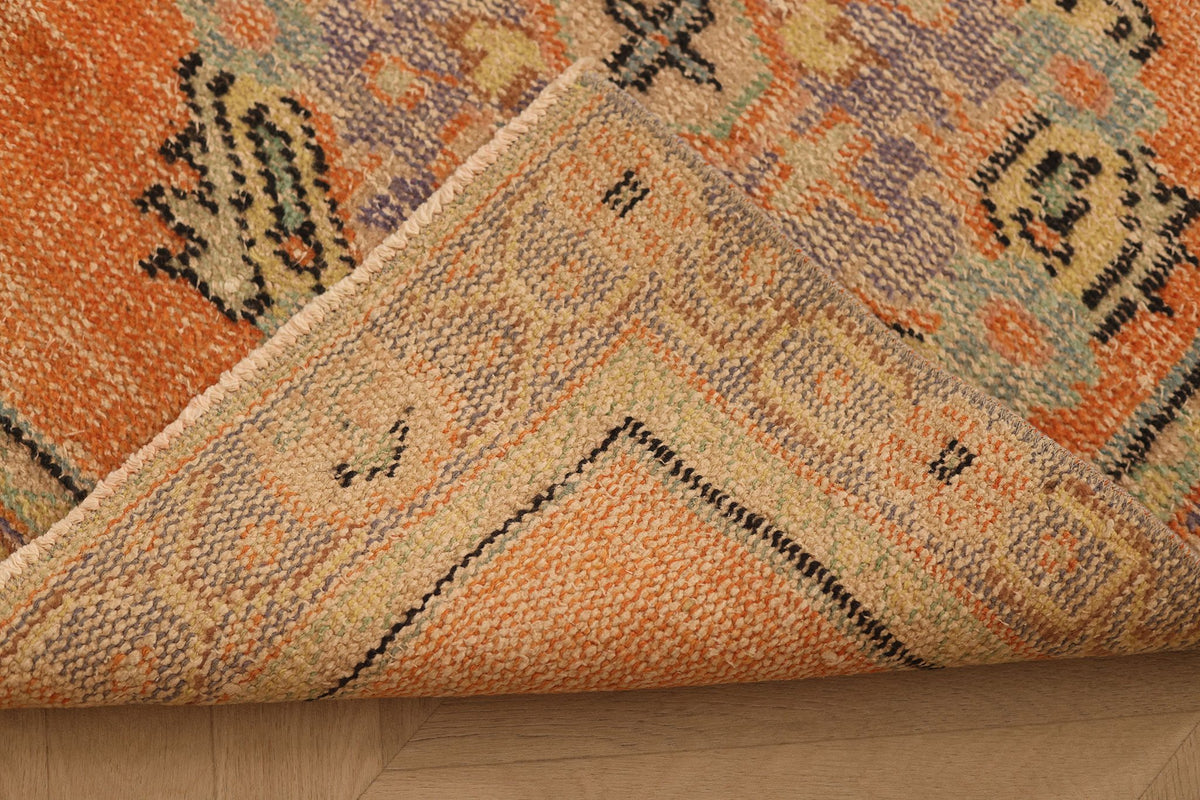 Vintage Manisa Turkish Runner Rug 3x9 ft — Orange & Blue Geometric