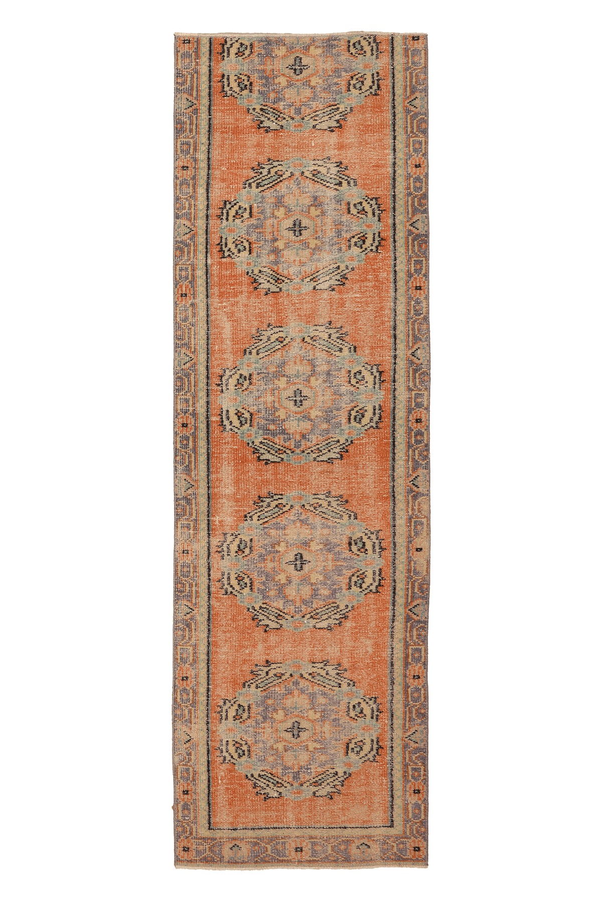 Vintage Manisa Turkish Runner Rug 3x9 ft — Orange & Blue Geometric