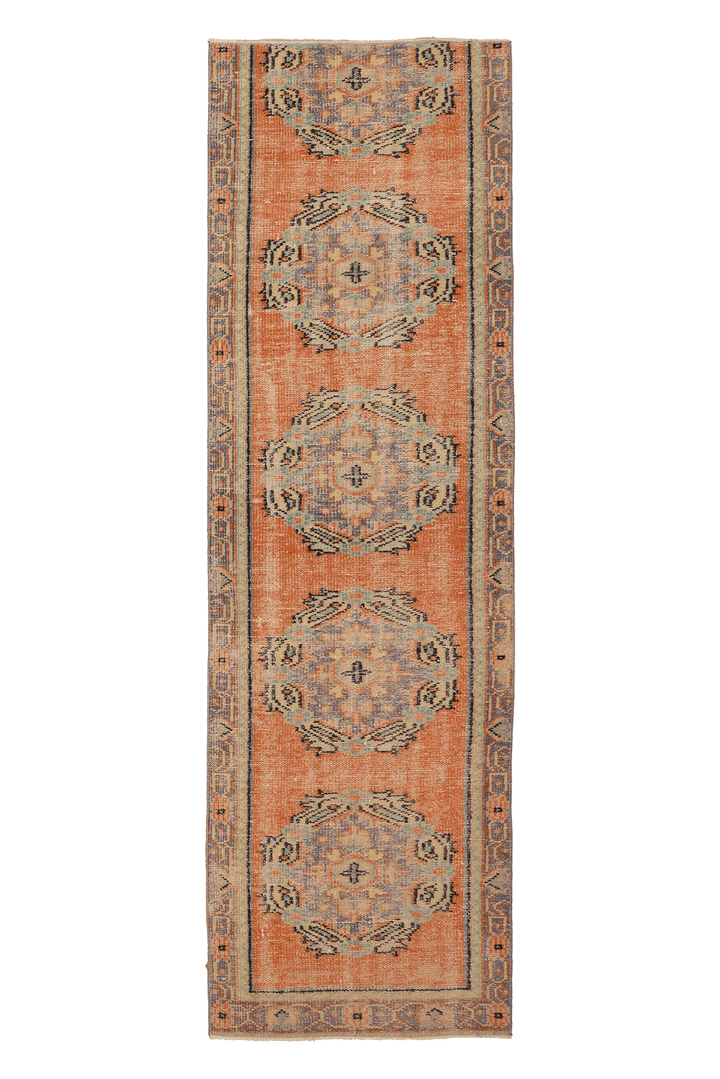 Vintage Manisa Turkish Runner Rug 3x9 ft — Orange & Blue Geometric