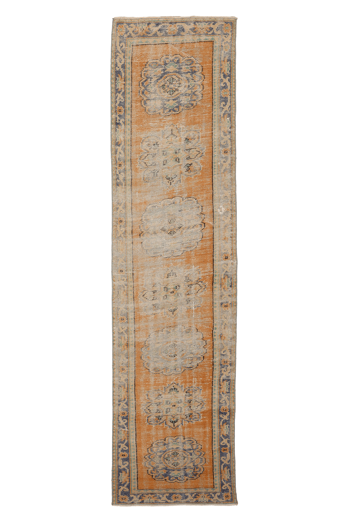 Vintage Manisa Turkish Runner Rug 2x10 ft — Orange & Blue Floral (No. 28707)