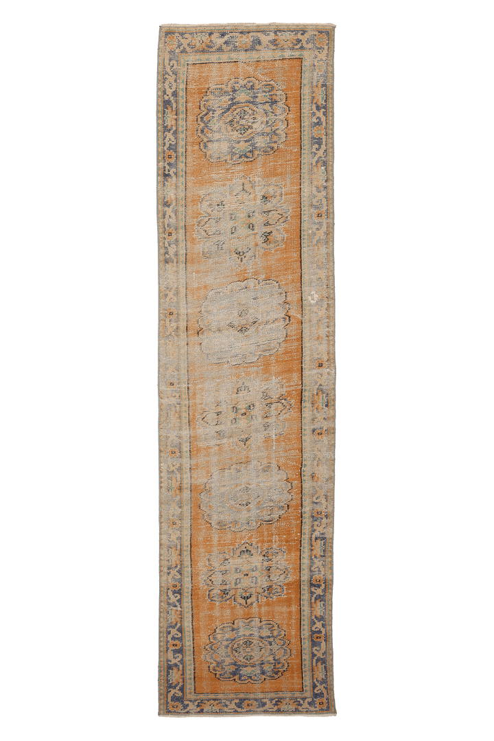 Vintage Manisa Turkish Runner Rug 2x10 ft — Orange & Blue Floral (No. 28707)