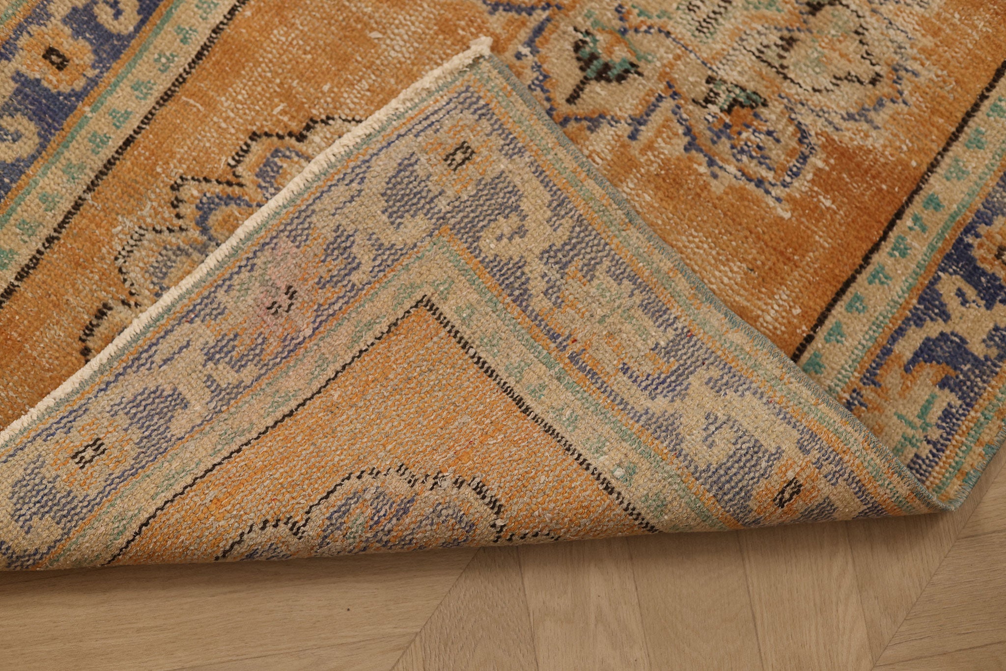Vintage Manisa Turkish Runner Rug 2x10 ft — Orange & Blue Floral (No. 28707)