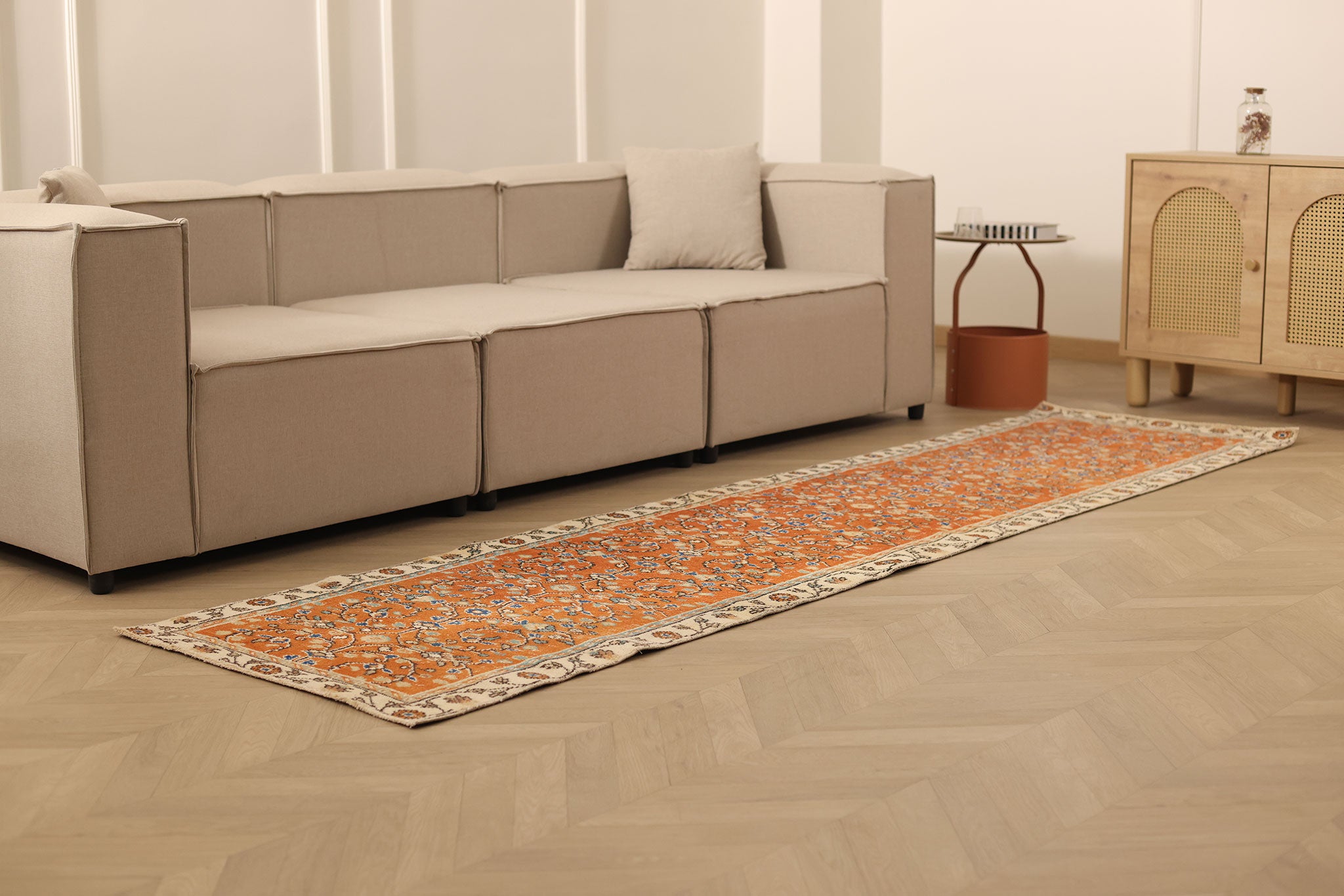 Vintage Isparta Turkish Runner Rug 2x10 ft — Orange & Beige Floral