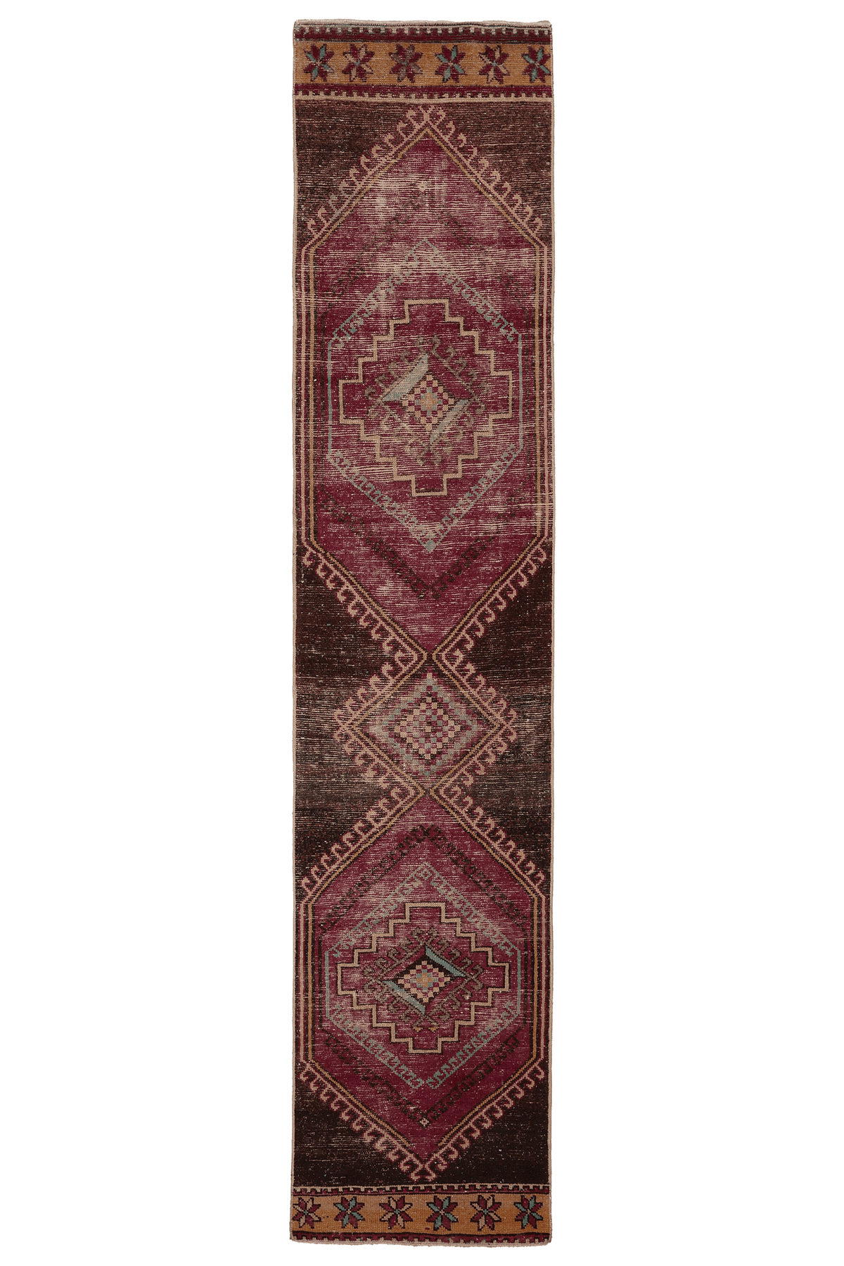 Vintage Malatya Turkish Runner Rug 2x11 ft — Brown & Red Geometric (No. 28760)