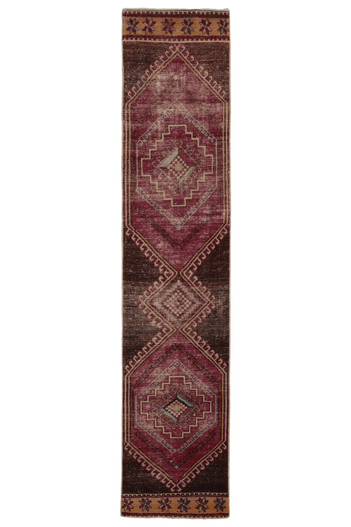 Vintage Malatya Turkish Runner Rug 2x11 ft — Brown & Red Geometric (No. 28760)