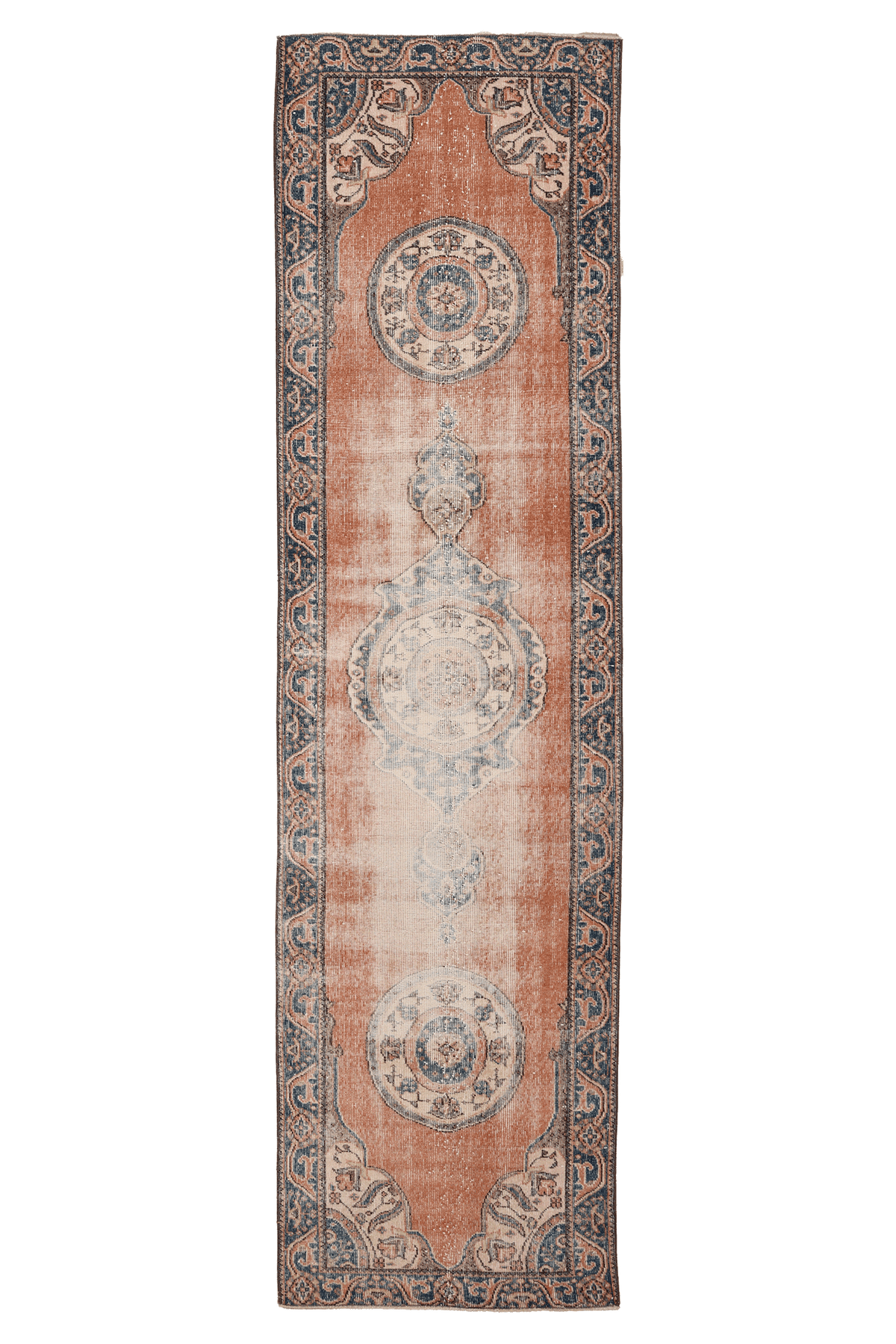 Vintage Isparta Turkish Runner Rug 2x10 ft — Brown & Blue Floral