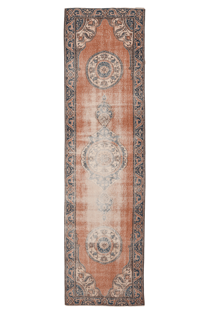 Vintage Isparta Turkish Runner Rug 2x10 ft — Brown & Blue Floral