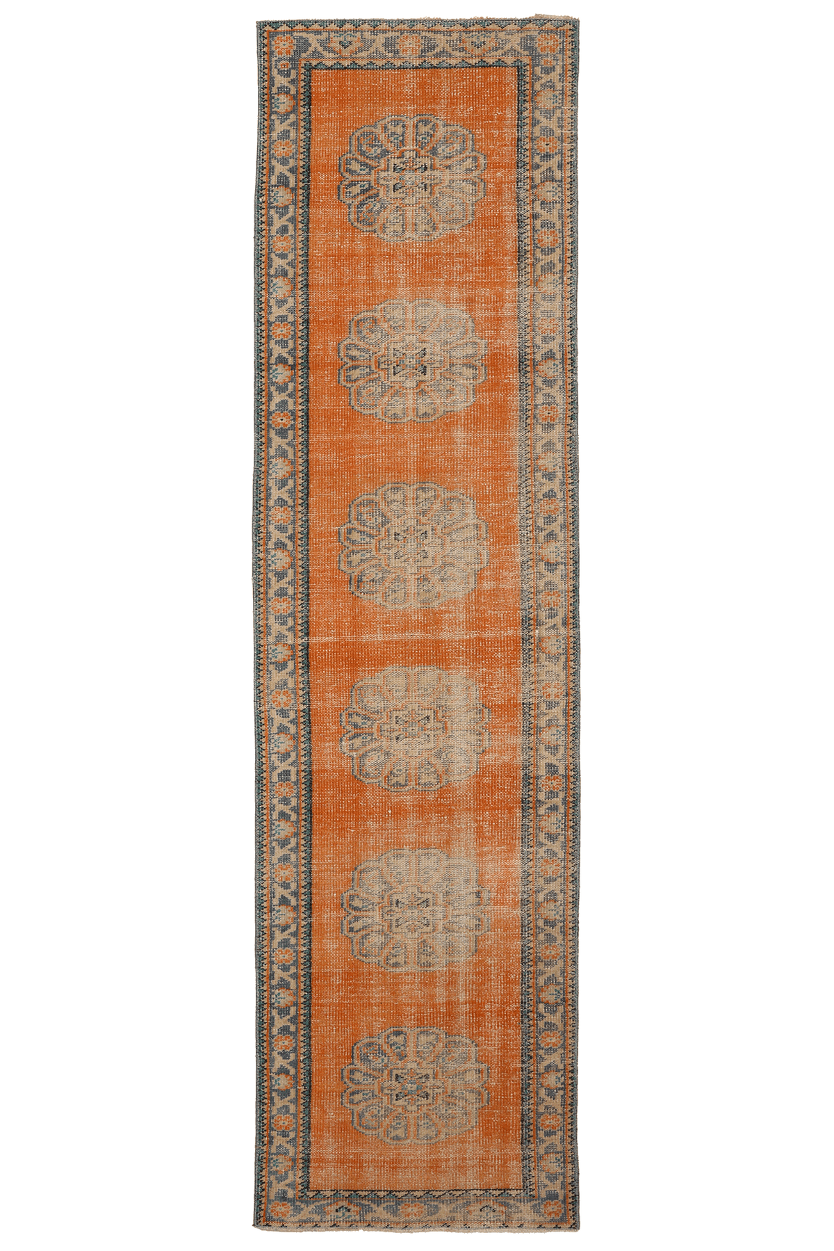 Vintage Manisa Turkish Runner Rug 2x10 ft — Orange & Blue Floral (No. 29059)