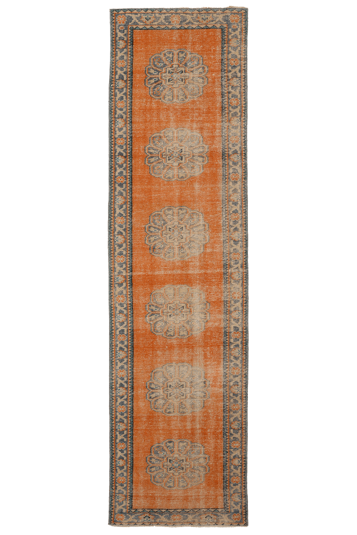 Vintage Manisa Turkish Runner Rug 2x10 ft — Orange & Blue Floral (No. 29059)