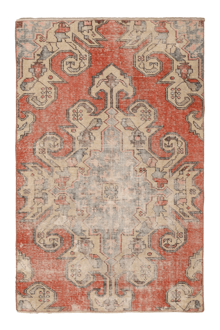 Vintage Nevşehir Turkish Area Rug 3x6 ft — Red & Beige Distressed