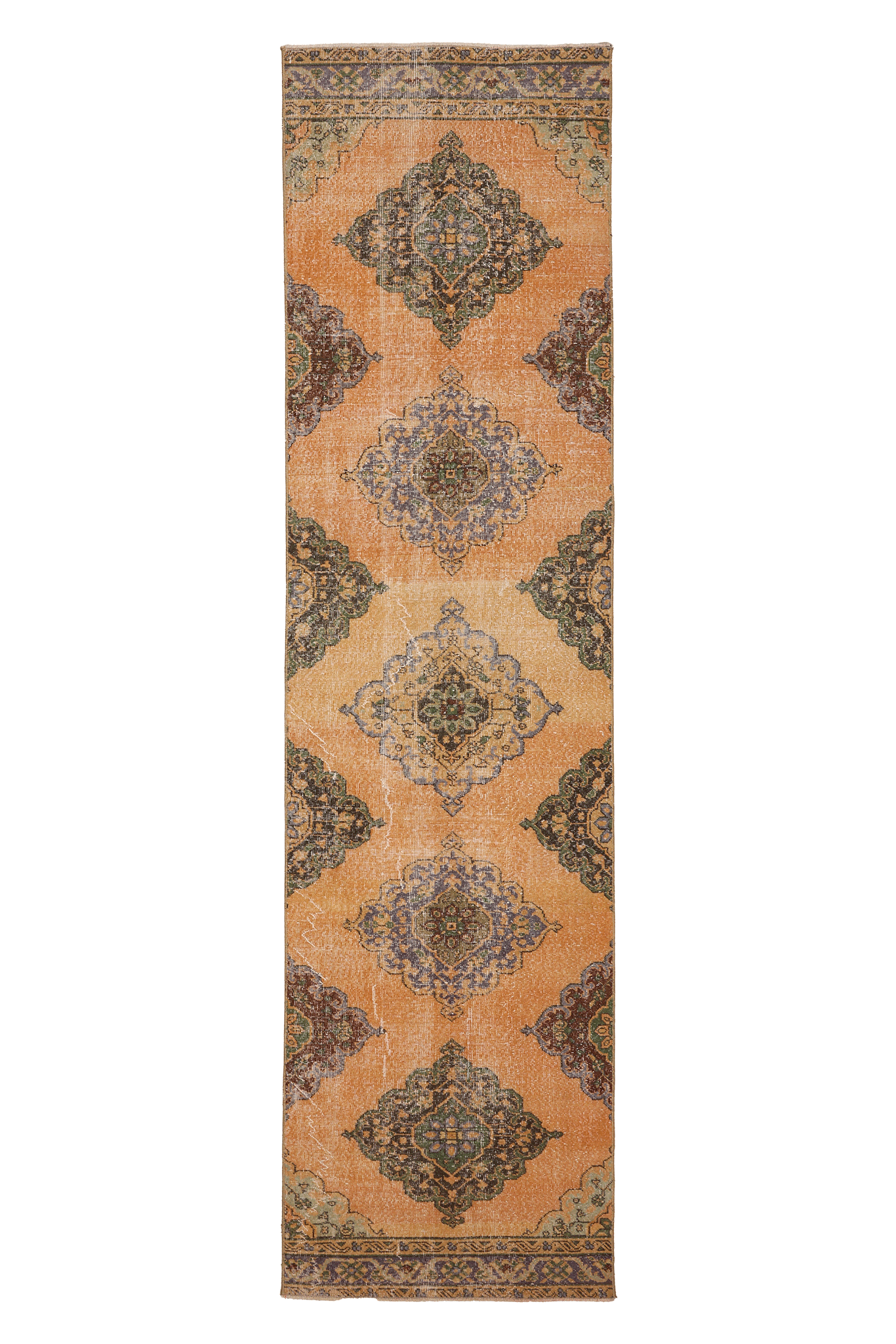 Vintage Konya Turkish Runner Rug 3x12 ft — Orange & Brown Geometric (No. 29065)