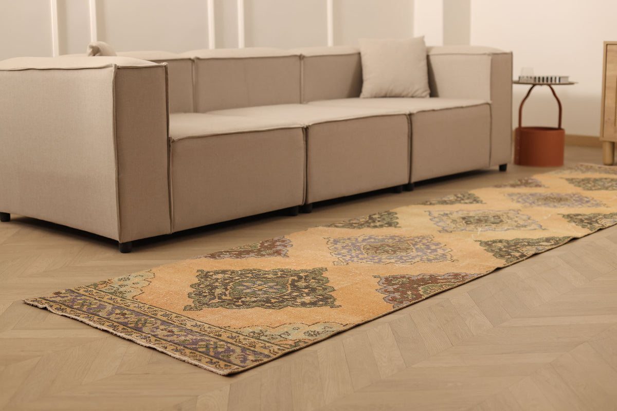 Vintage Konya Turkish Runner Rug 3x12 ft — Orange & Brown Geometric (No. 29065)