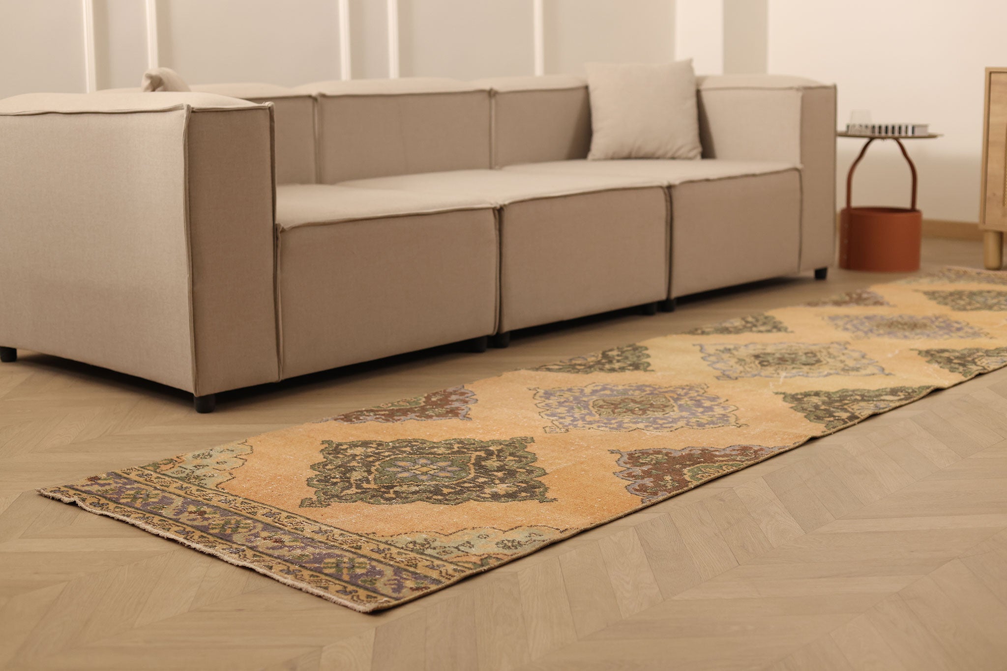 Vintage Konya Turkish Runner Rug 3x12 ft — Orange & Brown Geometric (No. 29065)
