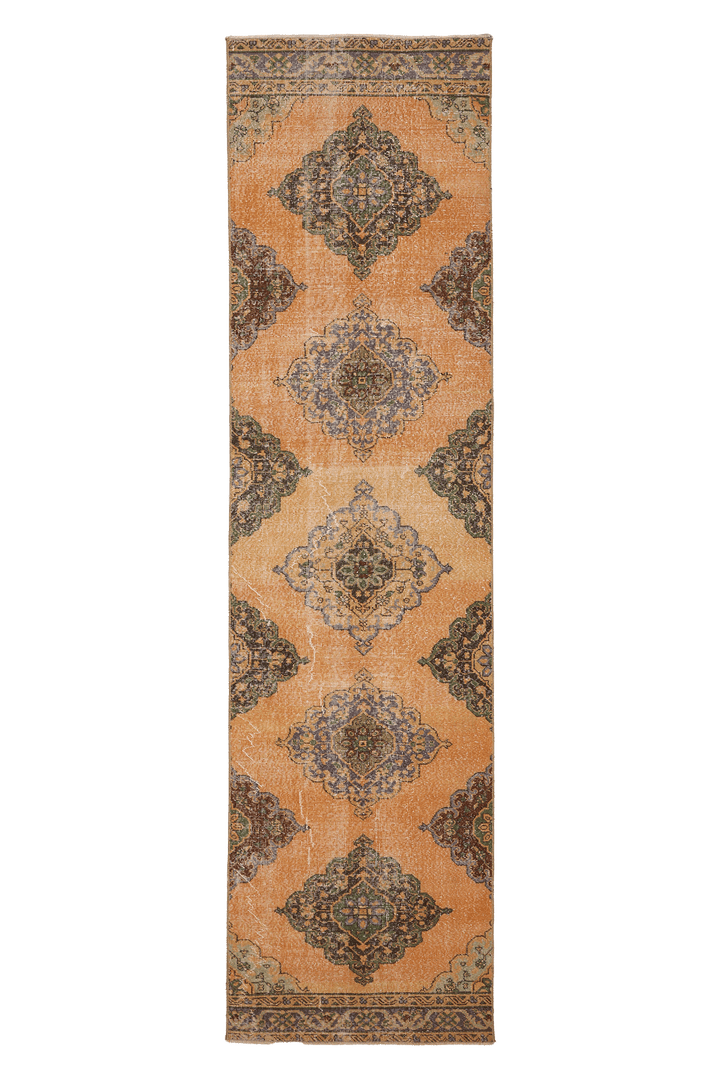 Vintage Konya Turkish Runner Rug 3x12 ft — Orange & Brown Geometric (No. 29065)