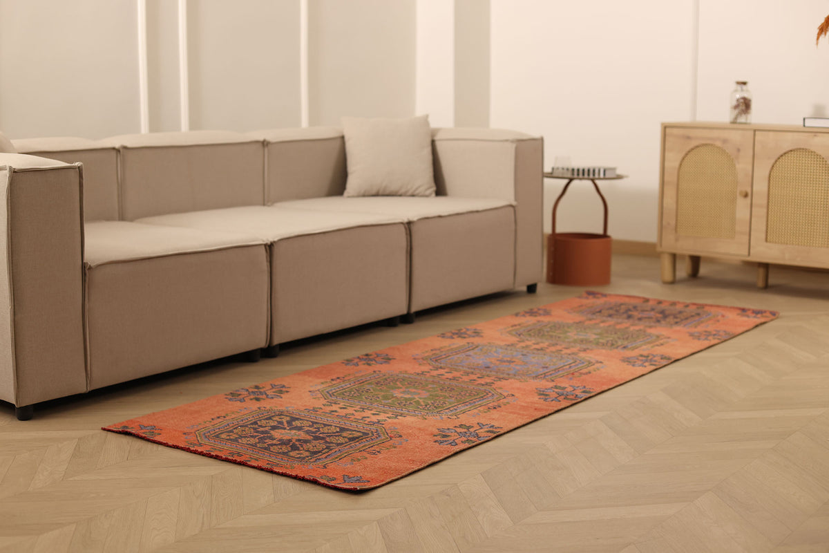 Vintage Konya Turkish Runner Rug 3x8 ft — Orange & Green Geometric