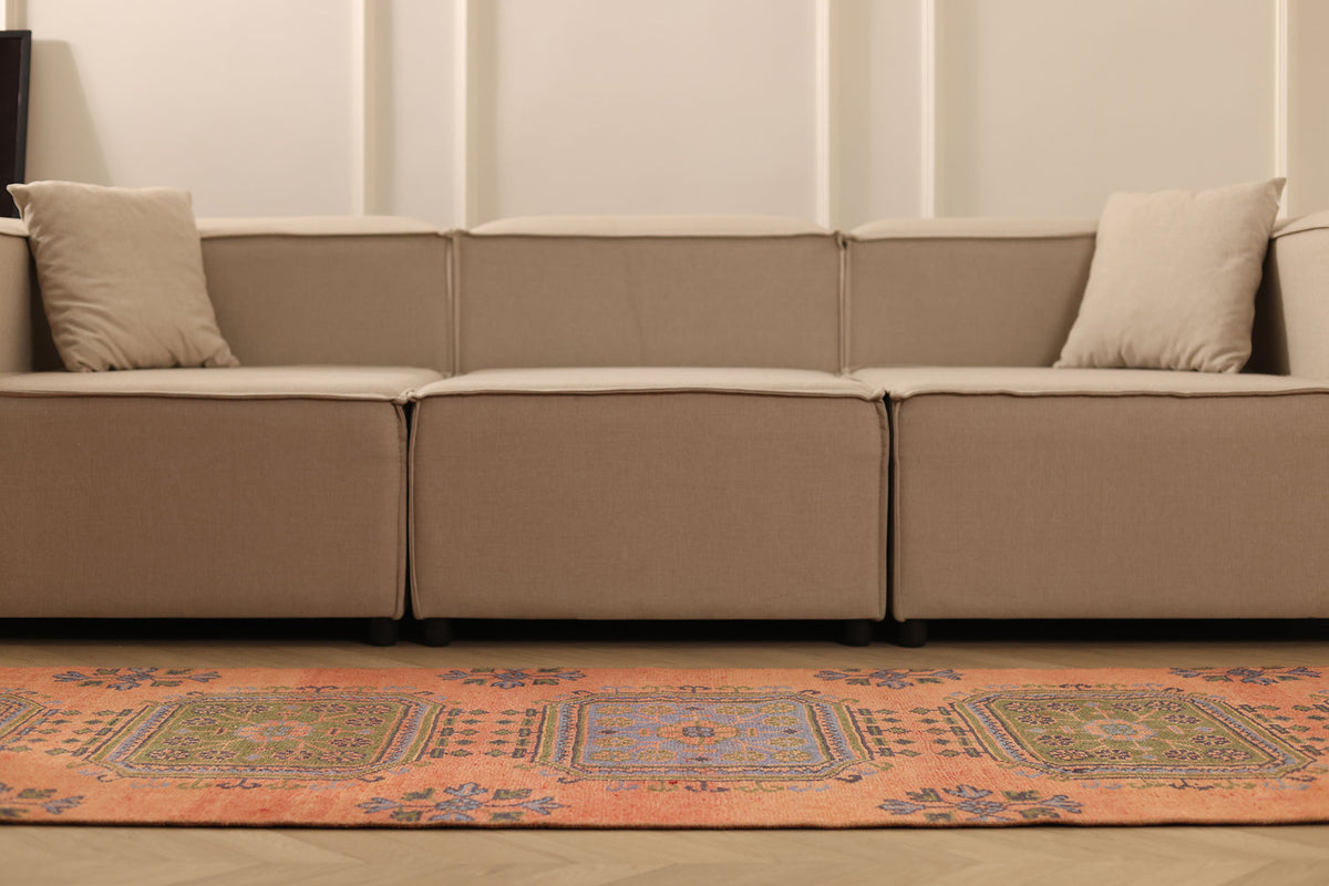 Vintage Konya Turkish Runner Rug 3x8 ft — Orange & Green Geometric