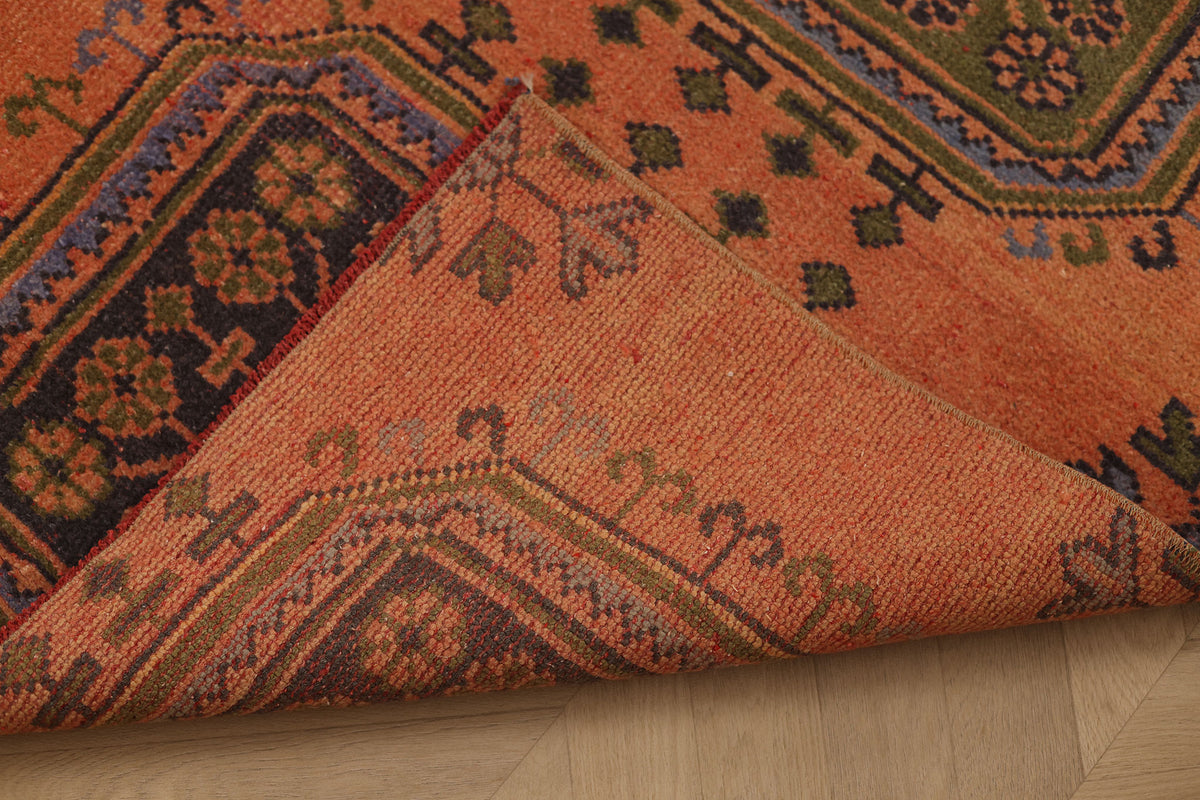 Vintage Konya Turkish Runner Rug 3x8 ft — Orange & Green Geometric