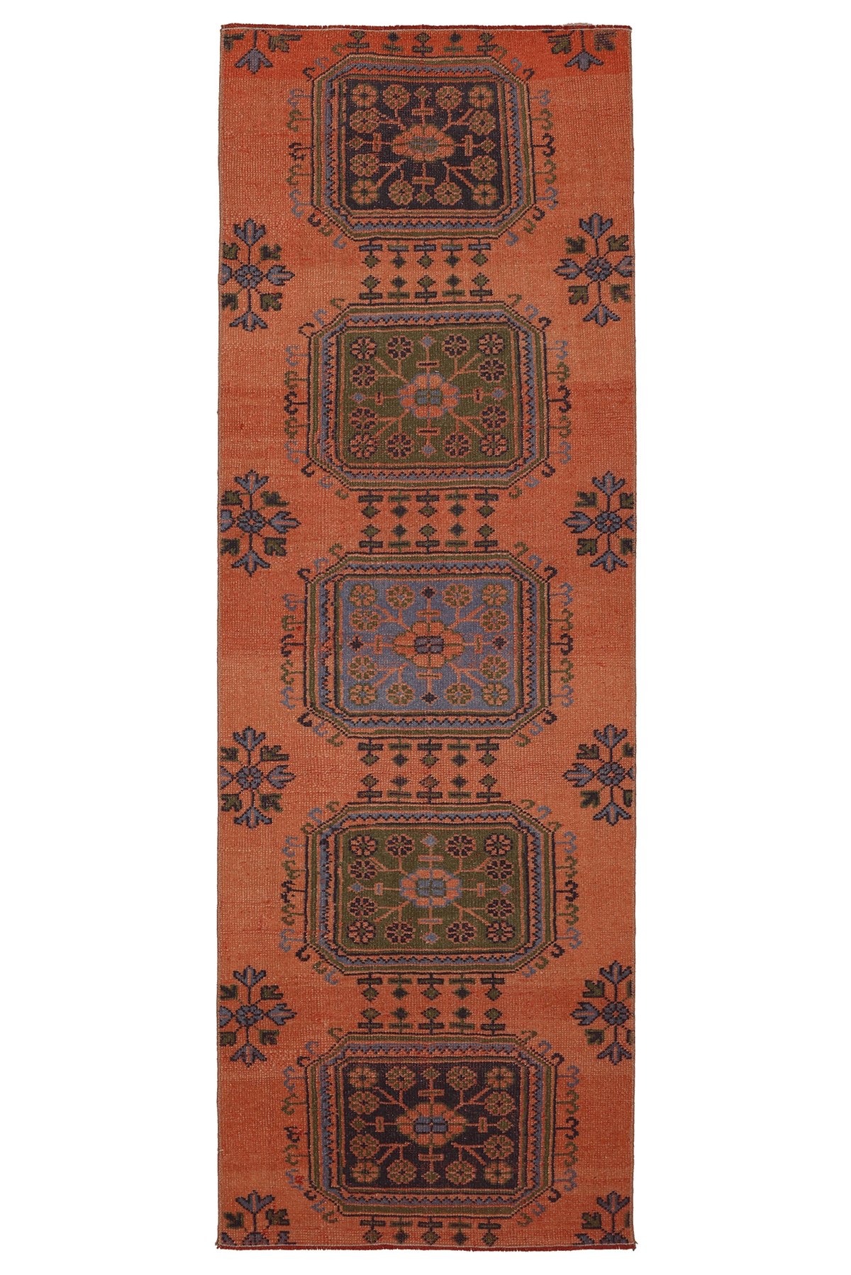 Vintage Konya Turkish Runner Rug 3x8 ft — Orange & Green Geometric