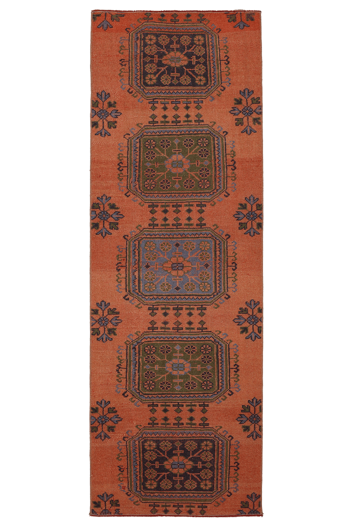 Vintage Konya Turkish Runner Rug 3x8 ft — Orange & Green Geometric