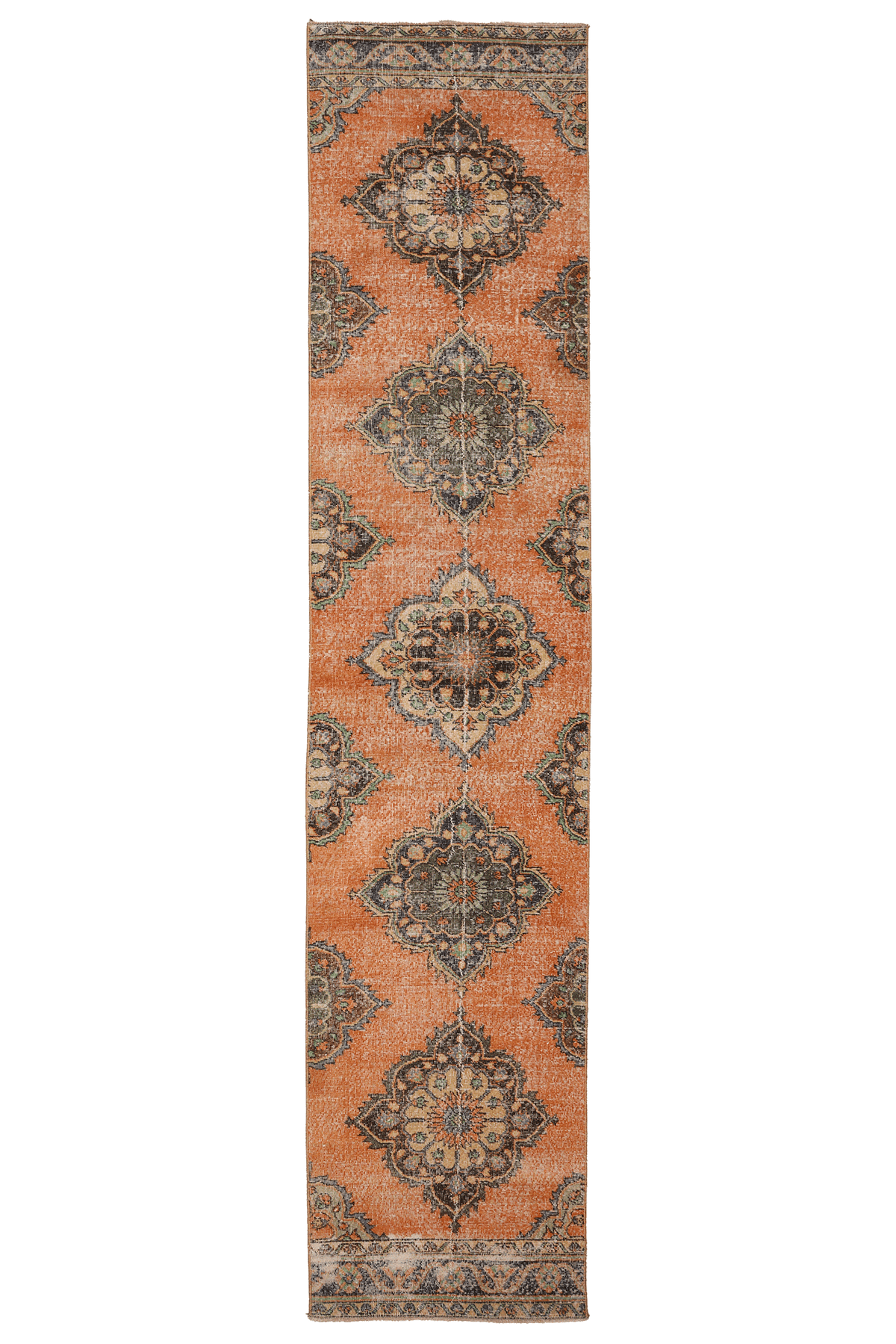 Vintage Konya Turkish Runner Rug 2x12 ft — Orange & Gray Floral